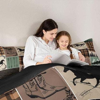 Erosebridal Horse Comforter Set Twin Size, Western Cowboy Cowgirl Bedding Set for Kids Boys Teens Bedroom, Forest Arrow Horseshoe Patchwork Duvet Insert Retro Geometric Plaid Quilt Cabin Lodge Decor