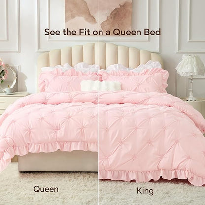BEDELITE Baby Pink King Size Comforter Set - 3 Pieces Boho Ruffle Pintuck Bedding Comforter Sets, Lightweight Soft & Warm King Bedding Set with 2 Pillowcases for All Season