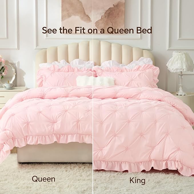 BEDELITE Baby Pink Comforter Set Queen - 3 Pieces Boho Ruffle Pintuck Bedding Comforter Sets, Lightweight Soft & Warm Bed Comforter with 2 Pillowcases for Spring,Valentines Day Gift