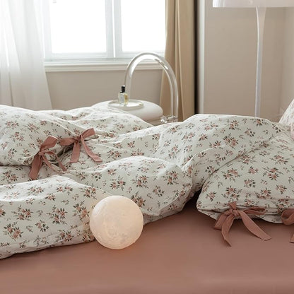 mixinni 3pcs Boho Floral Comforter Set Queen Size, Garden Style Pink White Flower Leaves Bedding Comforter Sets for Women, 1 Soft Botanical Comforter and 2 Bow tie Pillowcases for All Seasons