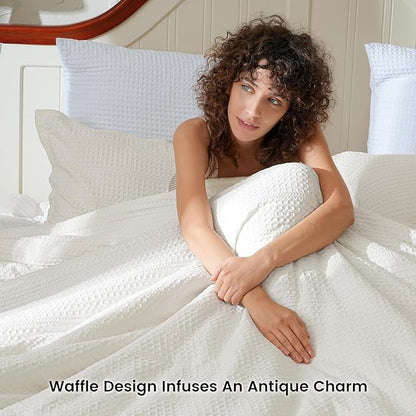 PHF 3 Pieces Cream Waffle Weave Comforter Set King Size - Ultra Soft Textured Waffle Comforter with 2 Pillow Shams, Lightweight Breathable Comfy Bedding Set for All Season, Cream