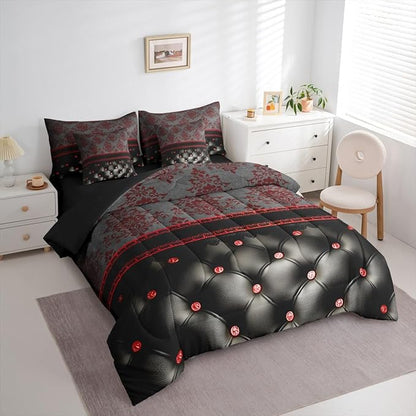 Erosebridal Red Damask Queen Comforter Set with Sheets | Victorian Decor Gothic Vintage Floral 7 Piece Bedding Set Luxury Black Diamond Texture Pattern Bohemian Bed in a Bag, Baroque Goth Room Decor