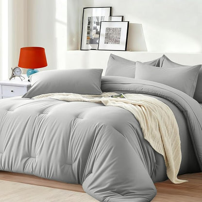 King Size Comforter Set 7 Pieces - Soft Bed in a Bag King Bed Set, Cozy Luxury Bedding Sets with All Season Comforter, Flat Sheet, Fitted Sheet, 2 Pillowcases & 2 Shams, Light Gray