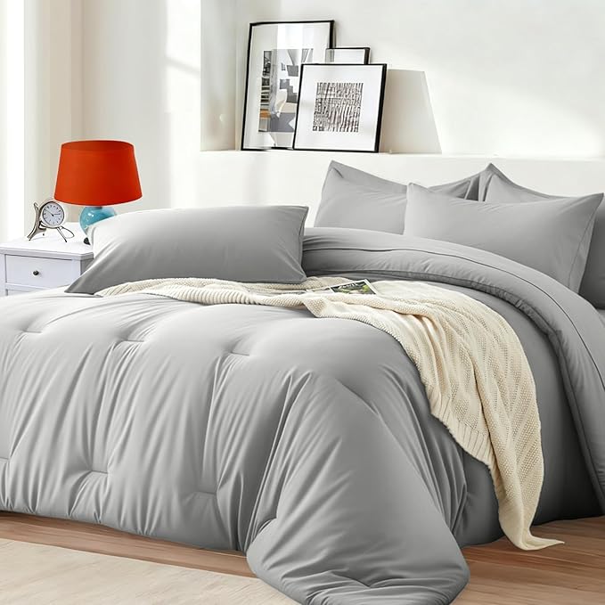 Oversized Queen Comforter Set 7 Piece - Soft Bed in a Bag Queen Size Comforter Sets, Cozy Bedding Sets with All Season Comforter, Flat Sheet, Fitted Sheet,2 Pillowcases & 2 Shams, Light Gray