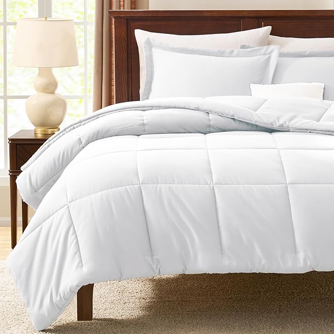 CozyLux Queen Size Comforter Sets White - 3 Pieces Box Stitched Queen Bed Set for All Seasons, Soft Lightweight Bedding Sets with 1 Down Alternative Comforter and 2 Pillow Shams