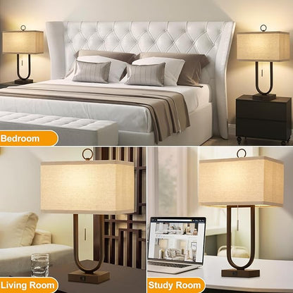 24'' Table Lamps Set of 2 - Desk Lamp & Bedside Lamp, Adjustable Color Temperature, USB C+A Ports, Modern Nightstand Lamps for Bedroom, Living Room, Home Office, Pull Chain Switch( Includes Bulbs)