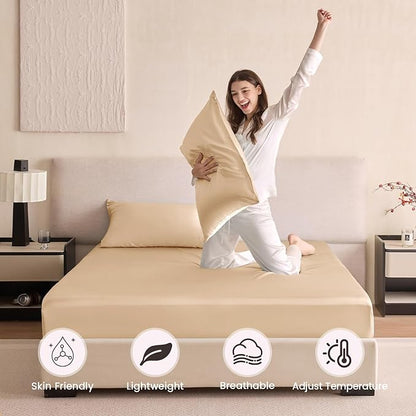 THXSILK 6A+ Top Grade 100% Pure Mulberry Silk King Fitted Sheet 3Pcs Set Bed Sheets Luxury Bedding for Hair and Skin Breathable Cooling Safe Material, 1 Fitted Sheet with 2 Pillowcases, Champagne