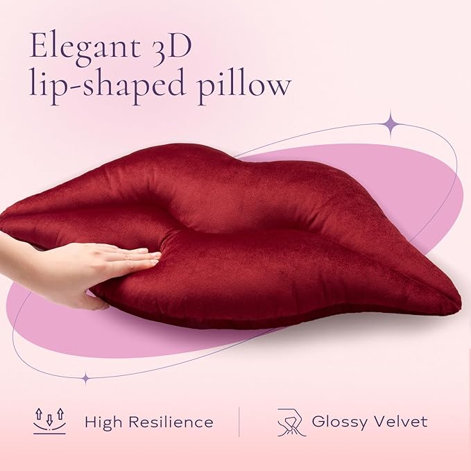 Ashler Upgraded Glossy Velvet Lip Shape Throw Pillow, Delicately Soft, Glossy Shimmering and Brilliant with Velvet Backing for Sofa, Bed and Living Room, Red, 24 X 12 Inches