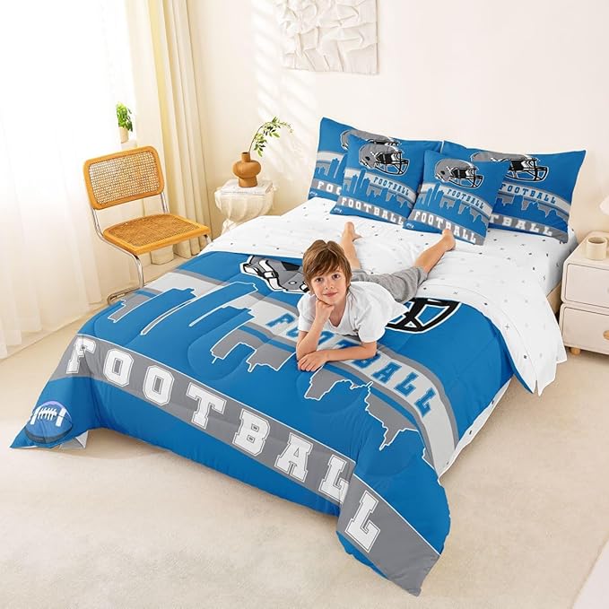 Erosebridal Football City 7 Pcs Comforter Set Queen Football Bedding for Boys Girls Blue Grey Rugby Game Sheet Set Bed in A Bag Football Fans Bedroom Decor Sports Ball Team Bed Set