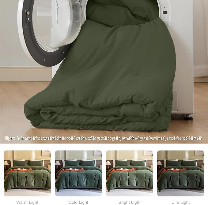 CozyTide Olive Green Comforter Set King (104×90 Inch),Cotton Dark Green Bedding Set, 3 Pieces(1 Comforter and 2 Pillowcases) Lightweight Fluffy Comforter Set Ultra Soft