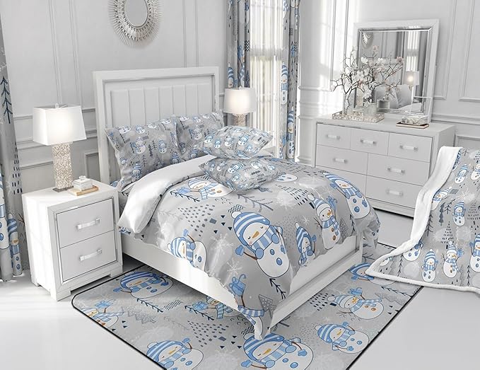 Cartoon Snowman Kids Comforter Set Twin Size,Merry Christmas Bedding Set 2Pcs Xmas Tree Snowflake Print Quilt Set for Girls Boys Teens Room Decor Blue Grey White Duvet Insert,1 Pillowcase