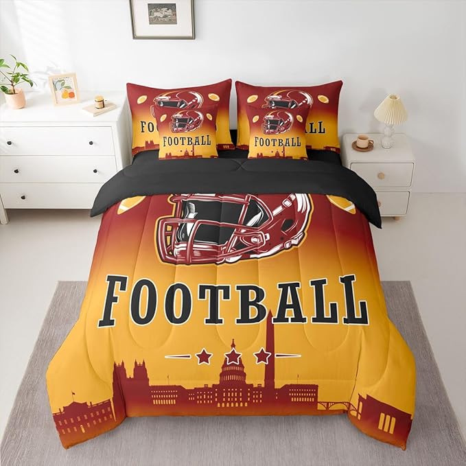 Erosebridal Football City Bed in A Bag Twin for Kids Boys Teen,American Soccer 7 Piece Bedding Set Sports Rugby Competitive Games Comforter Set with Sheets City Theme Ball Sports Bed Set