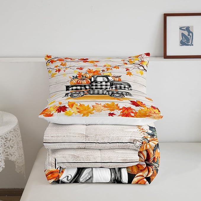 Fall Plaid Pumpkin Truck Bedding Set For Home Full,Rustic Farmhouse Barn Door Comforter Set Autumn Harvest Thanksgiving Comforter Gifts For Kids,Red Gold Watercolor Maple Leaf Retro Quilt Duvet 3 Pcs