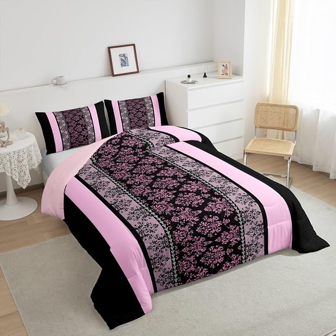 jejeloiu Adult Classic Jacquard Bedding Set Full Size Damask Pattern Comforter Set for Boys Girls Black Pink Stripe Duvet Set Baroque Quilt Set 3Pcs