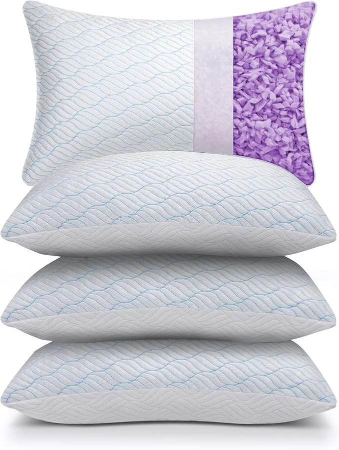 Cooling Pillows Standard Size Set of 4, Shredded Memory Foam Pillows with Zipper, Adjustable Firm for Sleeping Cool Cold Pillow for Hot, Side Sleepers,20x26,4 Pack