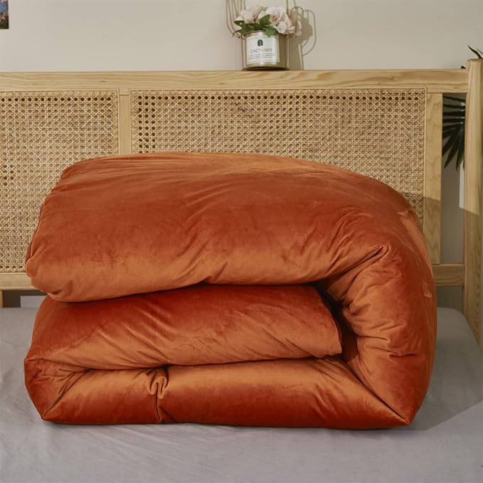 KAREVER Burnt Orange Color Velvet Comforter Set Full Solid Rust Color Flannel Velvet Bedding Comforter Set All Caramel Colour 3 PCs Shaggy Soft Warm and Durable Flannel Blanket Full