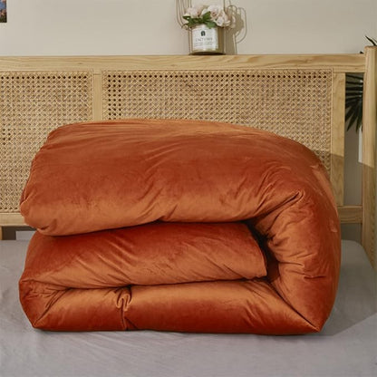 KAREVER Burnt Orange Color Velvet Comforter Set Full Solid Rust Color Flannel Velvet Bedding Comforter Set All Caramel Colour 3 PCs Shaggy Soft Warm and Durable Flannel Blanket Full