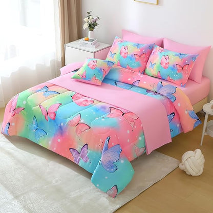 JQinHome 8 Pc Butterfly Comforter Set Queen, 3D Rainbow Butterfly Bedding Set for Girls Women,All Season Microfiber Butterfly Design Bedding Collection with Pillowcase, Flat & Fitted Sheet(Rainbow)