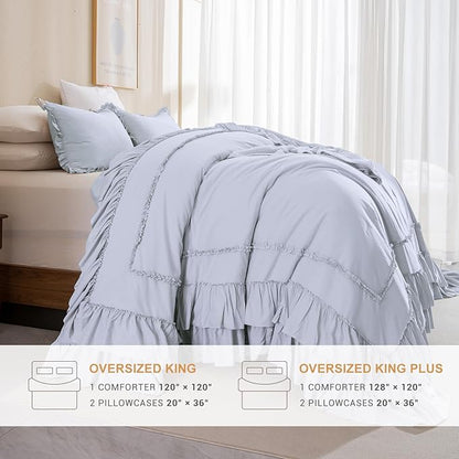 Sanracie Oversized King Comforter Sets 128" x 120", 3 Pieces Cornflower Blue Cotton Vintage Ruffle Bedding Comforter Set Lightweight Breathable Farmhouse Aesthetic Bedding Set