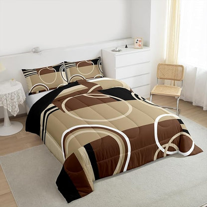 Modern Brown Grey Black Comforter Set Full, Geometric Swirls Bedding Set for Boys Girls Kids, Circle Striped Down Comforter, Abstract Square Art Bedroom Decor Duvet Set with 2 Pillow Cases