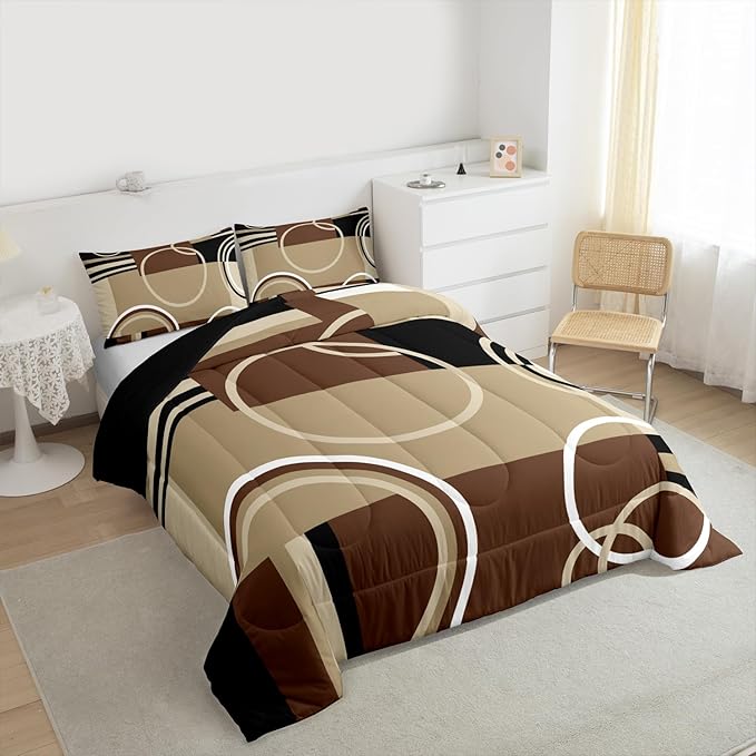 Modern Brown Grey Black Comforter Set Queen, Geometric Swirls Bedding Set for Boys Girls Kids, Circle Striped Down Comforter, Abstract Square Art Bedroom Decor Duvet Set with 2 Pillow Cases