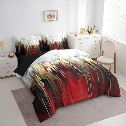 Burgundy Bed in a Bag 7-Piece Graffiti Ombre Bedding Set, Brush Strokes Oil Painting Queen Size Comforter Set Modern Contemporary Bedding Comforter Sets, Gold Metallic Abstract Gradient Bed Set