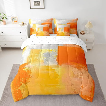Erosebridal White Gray Orange Bedding Queen Size 7-Piece Oil Painting Comforter Set, Ombre Gradient Bed in a Bag with Flat Sheet and Fitted Sheet Graffiti Abstract Bedding Comforter Sets