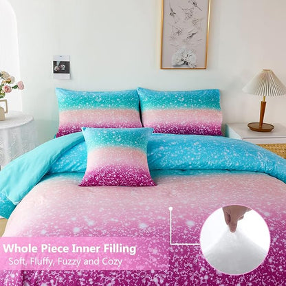 PERFEMET Queen Comforter Set with Sheets, 6 Pieces Tie Dye Rainbow Girls Bedding Set, Gradient Glitter Colorful Ombre Bed in A Bag (Aqua Teal Purple, Queen)