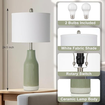 24.5" Ceramic Table Lamps Set of 2 for Bedroom, Sage Green Table Lamps for Living Room End Table, Small Farmhouse Bedside Lamps for Nightstands (2 LED Bulbs Included)