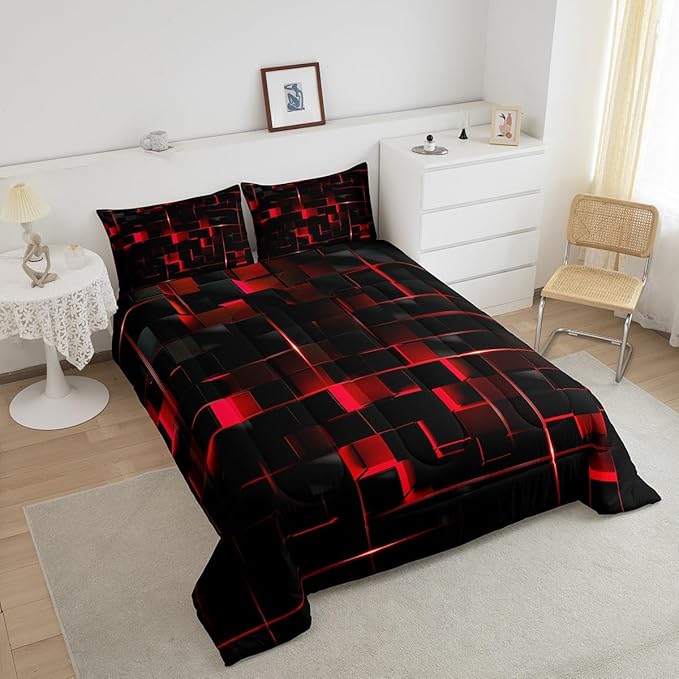 Erosebridal Neon Red Black Comforter Set Full Size, Geometric Kids Bedding Sets 3 Pcs Honeycomb Bed Set Modern Quilt, 1 Comforter 2 Pillow Cases Cool Room Decor All Season B Side Black