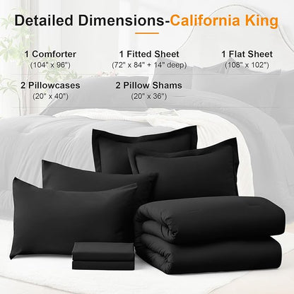 California King Comforter Set 7 Pieces - Ultra-Soft Bed in a Bag, Cozy Luxury All Season Bedding Sets with Comforter, Flat Sheet, Fitted Sheet, 2 Pillow Shams & 2 Pillowcases, Black