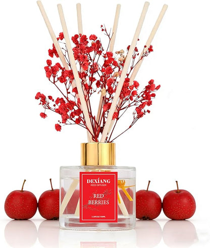 Reed Diffuser Set - 3.38 fl oz Red Berries Premium Scented Oil with Preserved Baby's Breath & Cotton 6 Sticks | Long-Lasting Aromatherapy for Home, Bedroom, Bathroom, Office Home Decor
