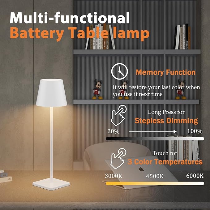 White Cordless Table Lamp, 2 Pack 5500mAh Battery Powered LED Table Light, 3 Color Temperatures Stepless Dimmable Rechargeable Table Lamps for Outdoor Restaurant Bedroom White 2 Pack