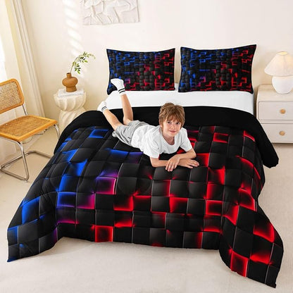 Erosebridal Geometric Checkered Boys Bedding Set Queen Size Neon Red Blue Comforter Set for Kids Teen Men Gamer Room Decor,Abstract Ombre Plaid Comforter Grids Quilt Duvet Black