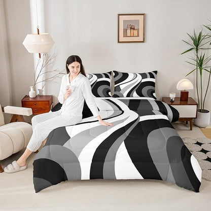 Gray Black White Spiral Twin Comforter Set for Adult Women Men Modern Swirls Stripes Abstract Bedding Set for Minimalists Boho Aesthetic Geometric Bed Sets Graffiti Art Lines Quilt Sets