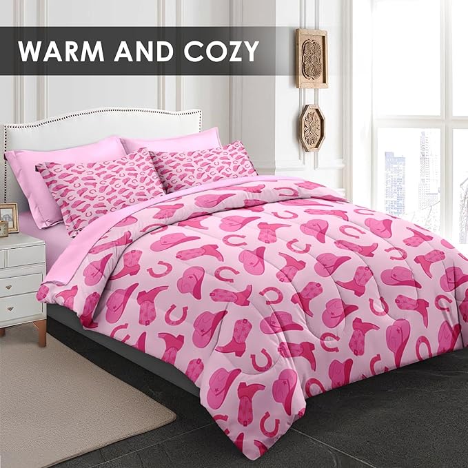 Comforter Set Twin Size, Pink Cowboy Cowgirl 5 Pcs Bedding for Kids and Adults, Cute American Western Bed Sheet Sets with Fitted Sheet Pillowcase & Sham