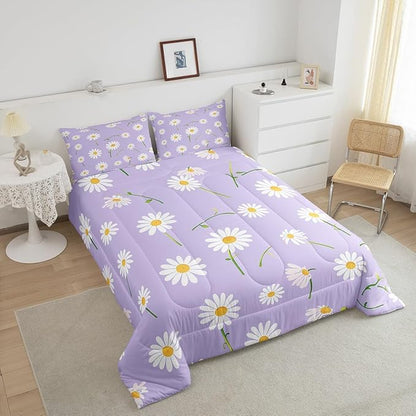 Manfei Cute Flower Comforter Set King Size, White Daisy Floral Bedding Set 3pcs for Kids Boys Girls Room Decor, Botanical Plants Wildflower Down Comforter with 2 Pillowcases, No Sheets