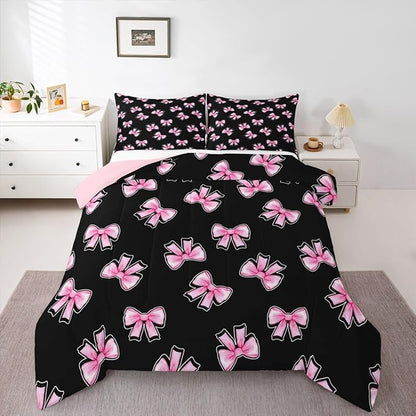 Erosebridal Coquette Bow Bedding Set King for Girls Pink Bowknot Comforter Set for Kids Teen Girls Women Bedroom Black Pink Comforter Princess Trendy Aesthetic Bows Quilt Duvet