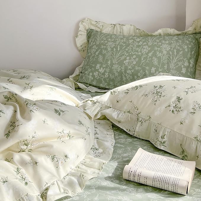 MKXI King Size Beige & Green Floral Comforter Set - 3 Piece Ruffled Lace Bedding Set with Reversible Design, Soft Aesthetic Cottagecore Style Green Leaf Comforter for Girls, Women, and Teens