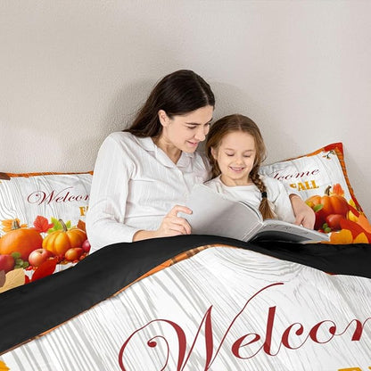 Pumpkin Comforter Set Queen Happy Fall Bedding Set Thanksgiving Day Harvest Season Comforter Gifts For Kids Teen Adults,Orange Buffalo Plaid Quilt Duvet Rustic Farmhouse Home Room Decor 2 Pillow Cases
