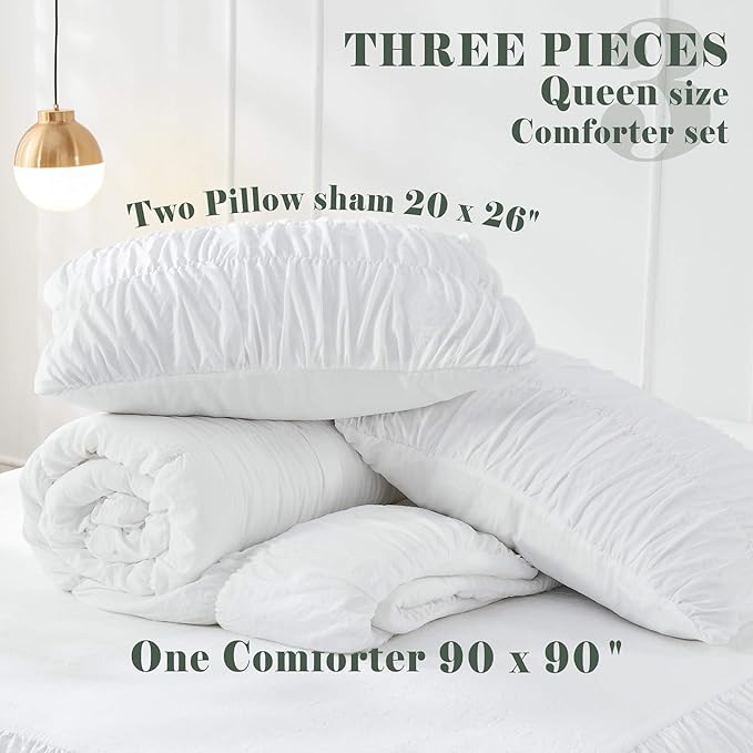 Bonlino Queen Comforter Set White Bedding - Ruched Comforter Queen Size Bed Set Boho Shabby Chic Bedding for Bedroom Comforter Fluffy 3 Piece Ruffle Comforter Set with Pillow White Soft