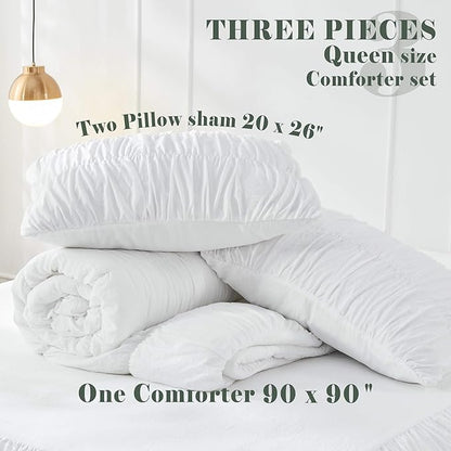 Bonlino Queen Comforter Set White Bedding - Ruched Comforter Queen Size Bed Set Boho Shabby Chic Bedding for Bedroom Comforter Fluffy 3 Piece Ruffle Comforter Set with Pillow White Soft