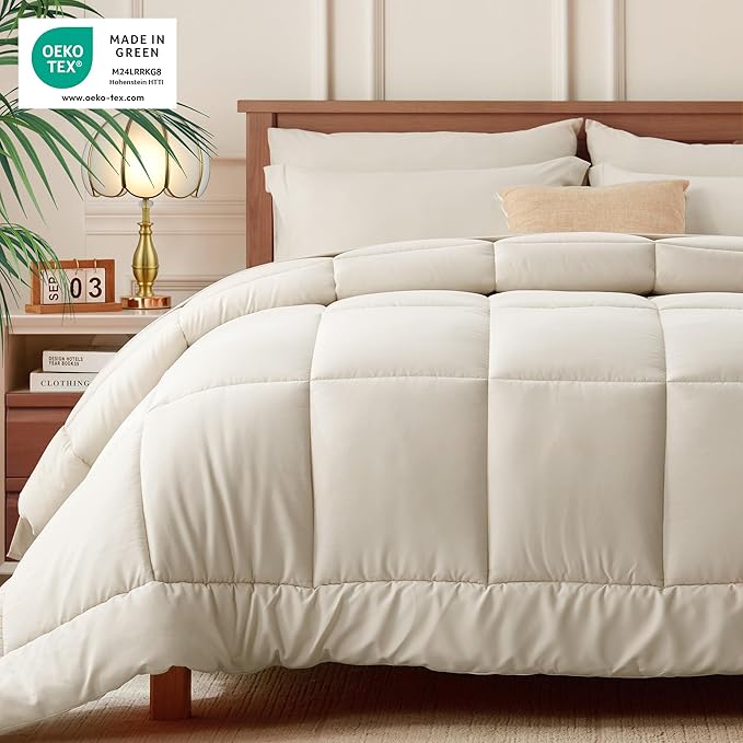 Newspin California King Comforter Set Beige - Bed in a Bag California King Size 7 Pieces, All Season Bed Set, Fluffy Comforter Set with Sheets, Sheet Set Quilt Blanket, Pillowcases & Shams