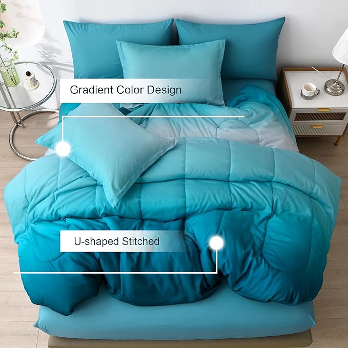 Anibedding 7 Pieces Teal King Comforter Set Lightweight Gradient Teal Green Bed in a Bag Set, All Season Ombre Complete Bedding Set with Flat/Fitted Sheet, 2 Pillowcases and 2 Pillow Shams