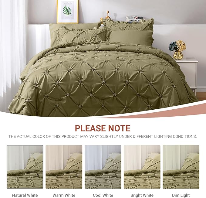 JOLLYVOGUE Olive Green Full Size Comforter Sets 7 Pieces, Pintuck Bed in a Bag Comforter Set for Bedroom, Bedding Comforter Sets with Comforter, Sheets, Ruffled Shams & Pillowcases