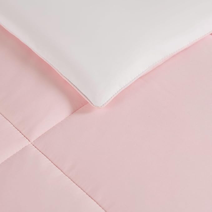 Juicy Couture Reversible Box Stitch Comforter Set, 3-Piece Full/Queen – Pink Marshmallow/White– Glam Bedding Set