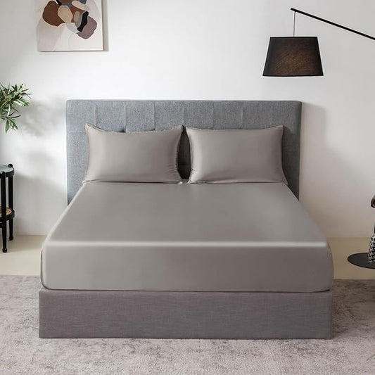 THXSILK 100% Mulberry Silk Fitted Sheet Set, 7A+ Silk 3 Pieces Bed Sheets, Breathable, Smooth, 16 Inch Deep Pocket Fitted Sheet, 2 Pillowcases - Grey, King