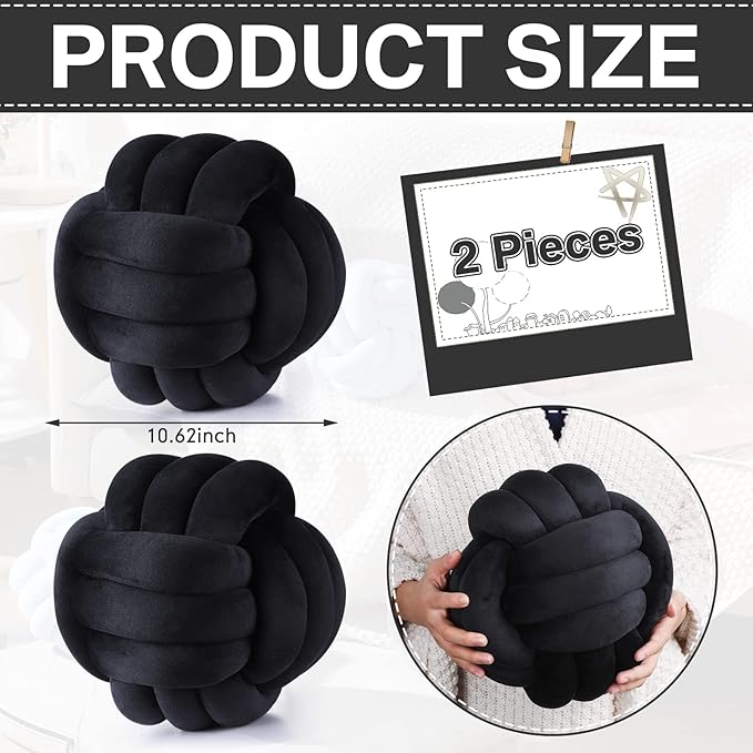 Namalu 2 Pcs Soft Knot Pillow Ball, Decorative Round Throw Knotted Pillows Cushion, Handmade Stuffed Ball Pillows for Winter Bedroom Sofa Couch Home Decor(10.6 Inches,Black)