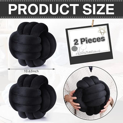 Namalu 2 Pcs Soft Knot Pillow Ball, Decorative Round Throw Knotted Pillows Cushion, Handmade Stuffed Ball Pillows for Winter Bedroom Sofa Couch Home Decor(10.6 Inches,Black)