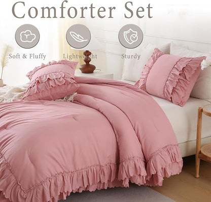 Herside Bean Pink Ruffle Comforter Set King Size,Shabby Chic Boho Bedding Sets, Soft Fluffy Comforters Sets for All Season,Vintage Ruffled 3 Pcs Microfiber Lightweight Quilt Set for Women Girls